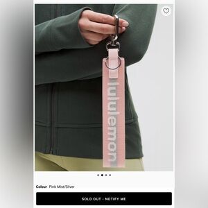 Lululemon Neverlost Keychain, Pink Mist/Silver Wordmark with Silver hardware NWT